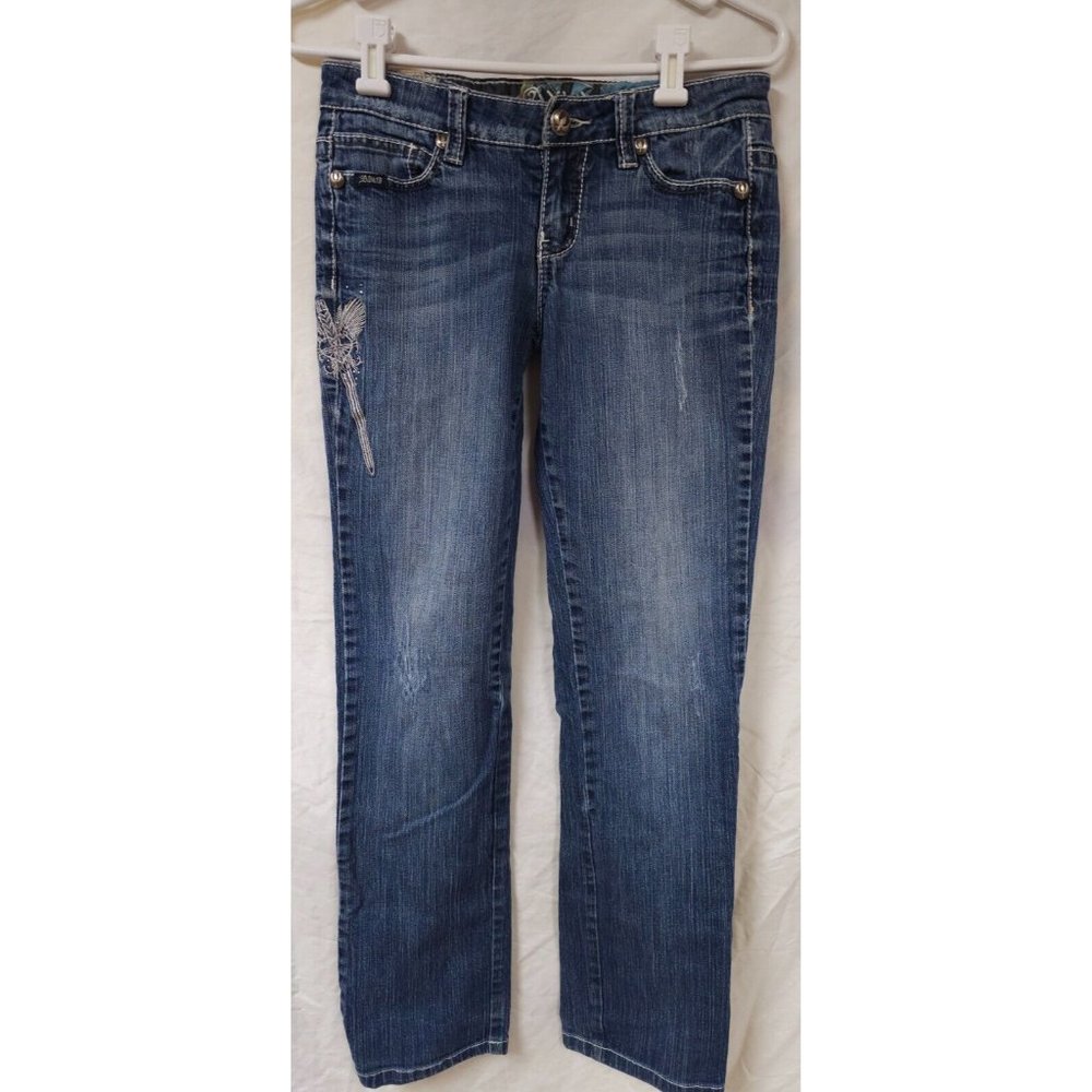 Adikto 2 Low Rise Straight Leg Embellished Wings Sword Distressed Jeans 27X31